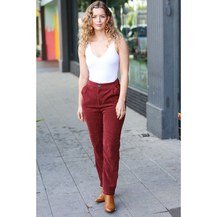 Going Your Way Burgundy Corduroy High Rise Tapered Pants