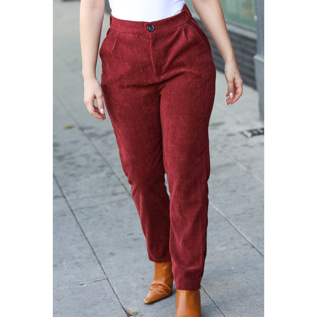 Going Your Way Burgundy Corduroy High Rise Tapered Pants