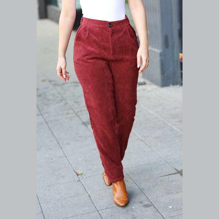 Going Your Way Burgundy Corduroy High Rise Tapered Pants