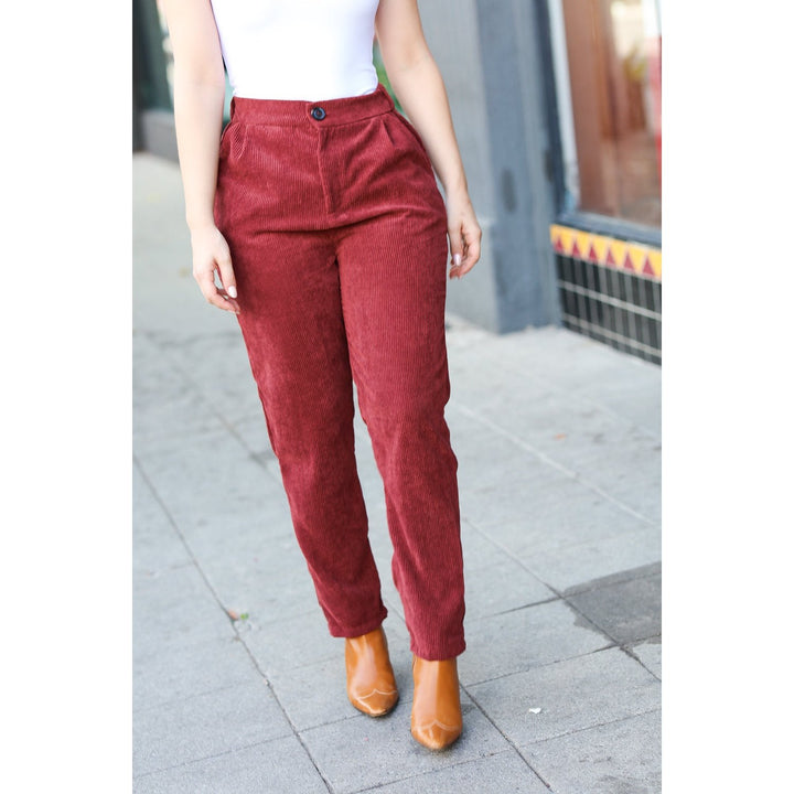 Going Your Way Burgundy Corduroy High Rise Tapered Pants