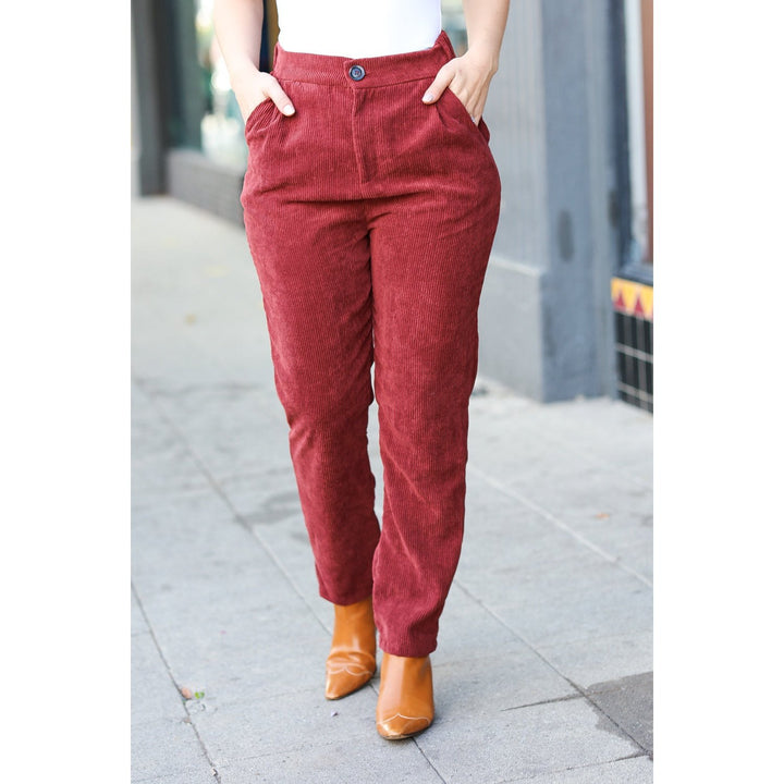 Going Your Way Burgundy Corduroy High Rise Tapered Pants