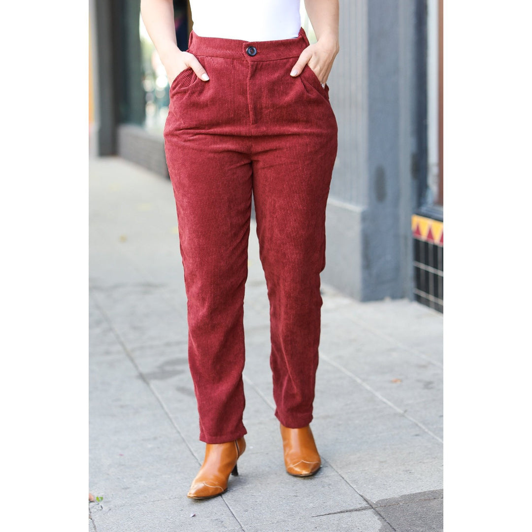 Going Your Way Burgundy Corduroy High Rise Tapered Pants