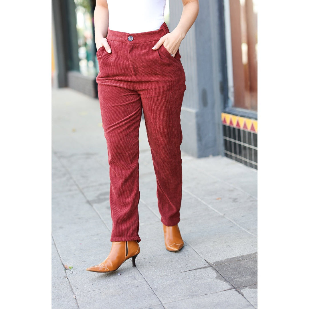 Going Your Way Burgundy Corduroy High Rise Tapered Pants