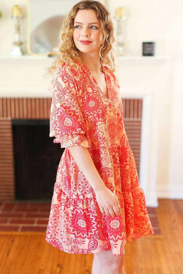 All You Need Peach & Coral Boho Floral V Neck Dress