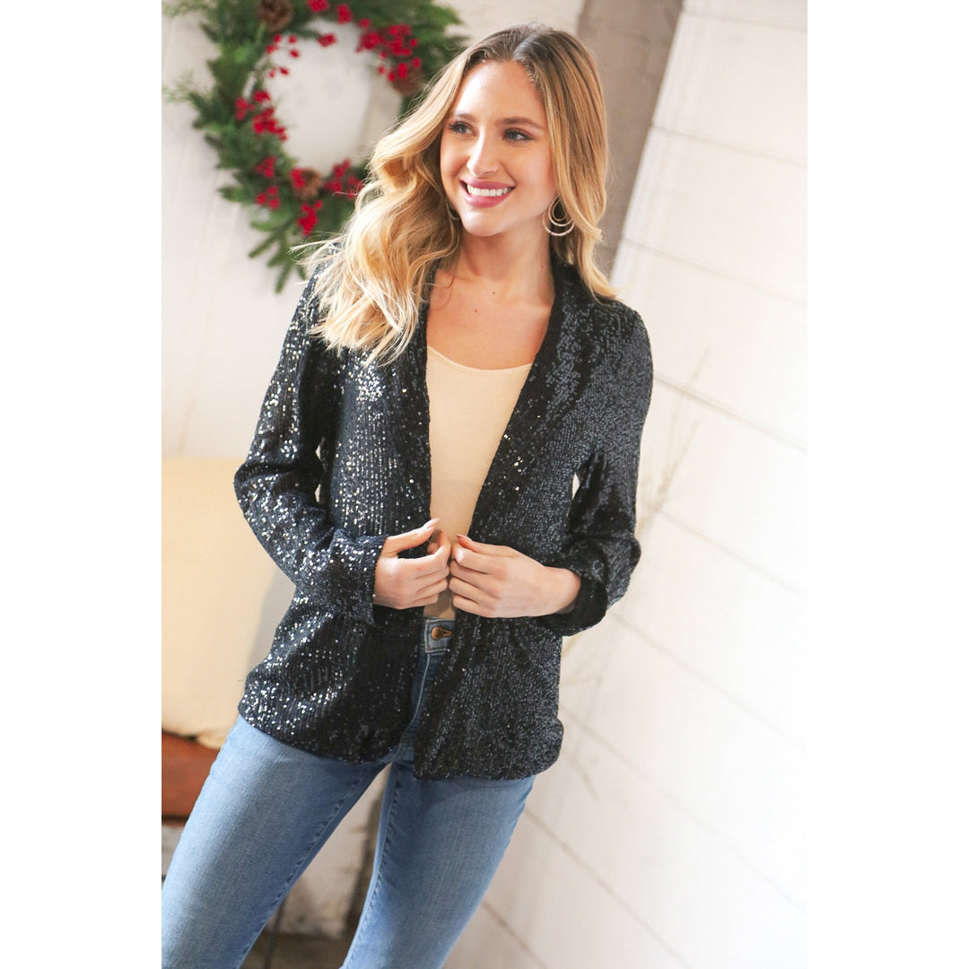 Black Sequin Lapel Collar Pocketed Holiday Jacket