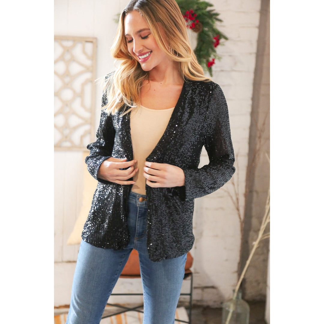 Black Sequin Lapel Collar Pocketed Holiday Jacket