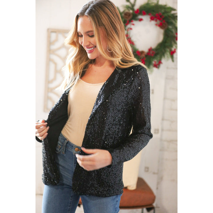 Black Sequin Lapel Collar Pocketed Holiday Jacket