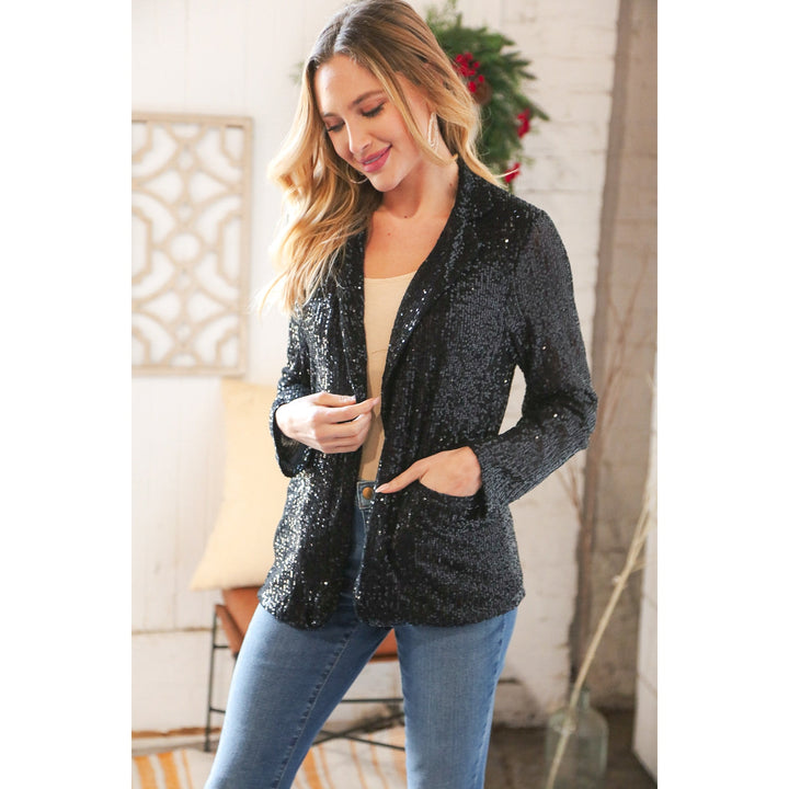 Black Sequin Lapel Collar Pocketed Holiday Jacket