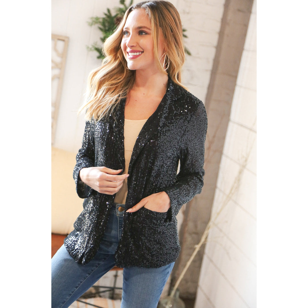 Black Sequin Lapel Collar Pocketed Holiday Jacket