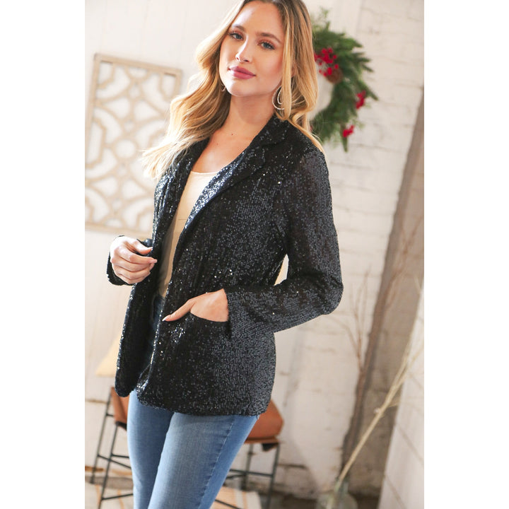 Black Sequin Lapel Collar Pocketed Holiday Jacket