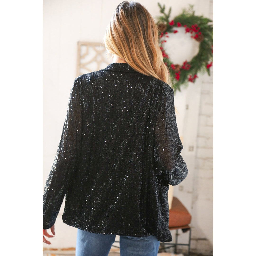 Black Sequin Lapel Collar Pocketed Holiday Jacket