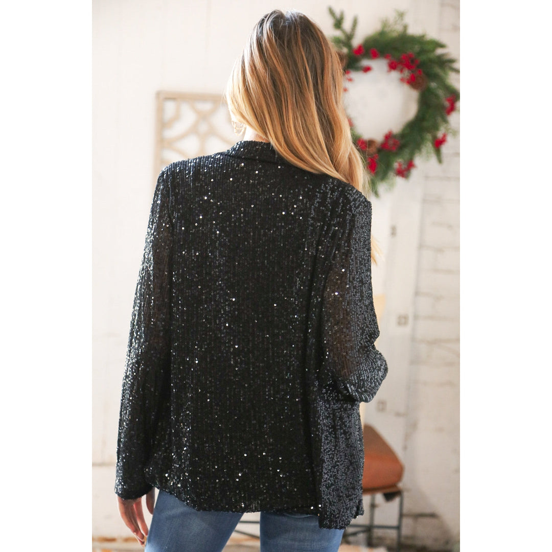 Black Sequin Lapel Collar Pocketed Holiday Jacket