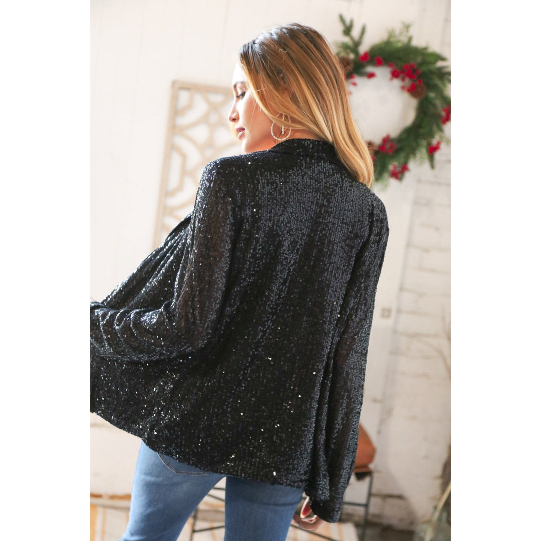 Black Sequin Lapel Collar Pocketed Holiday Jacket