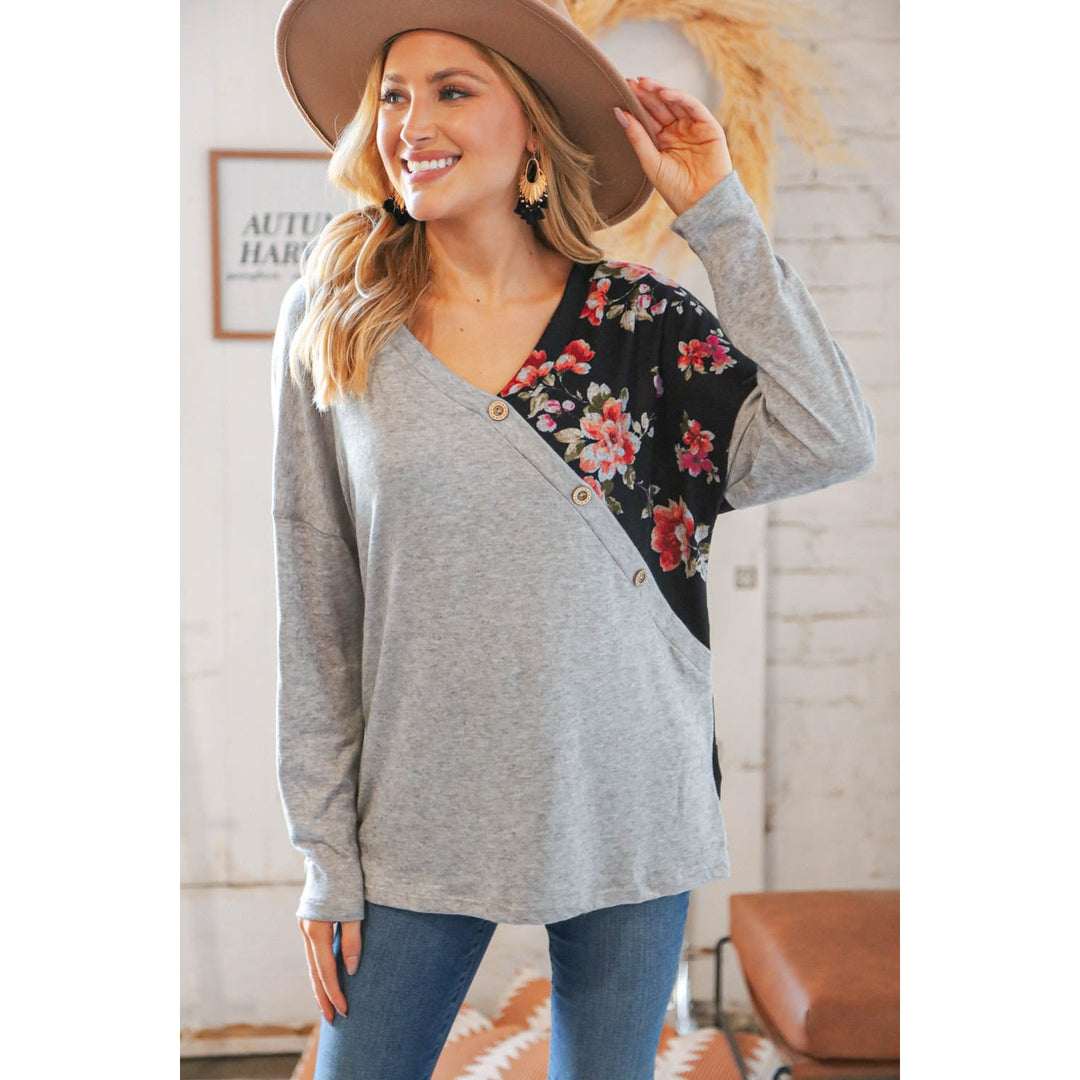 Grey & Black Floral Surplice Button Knit Top