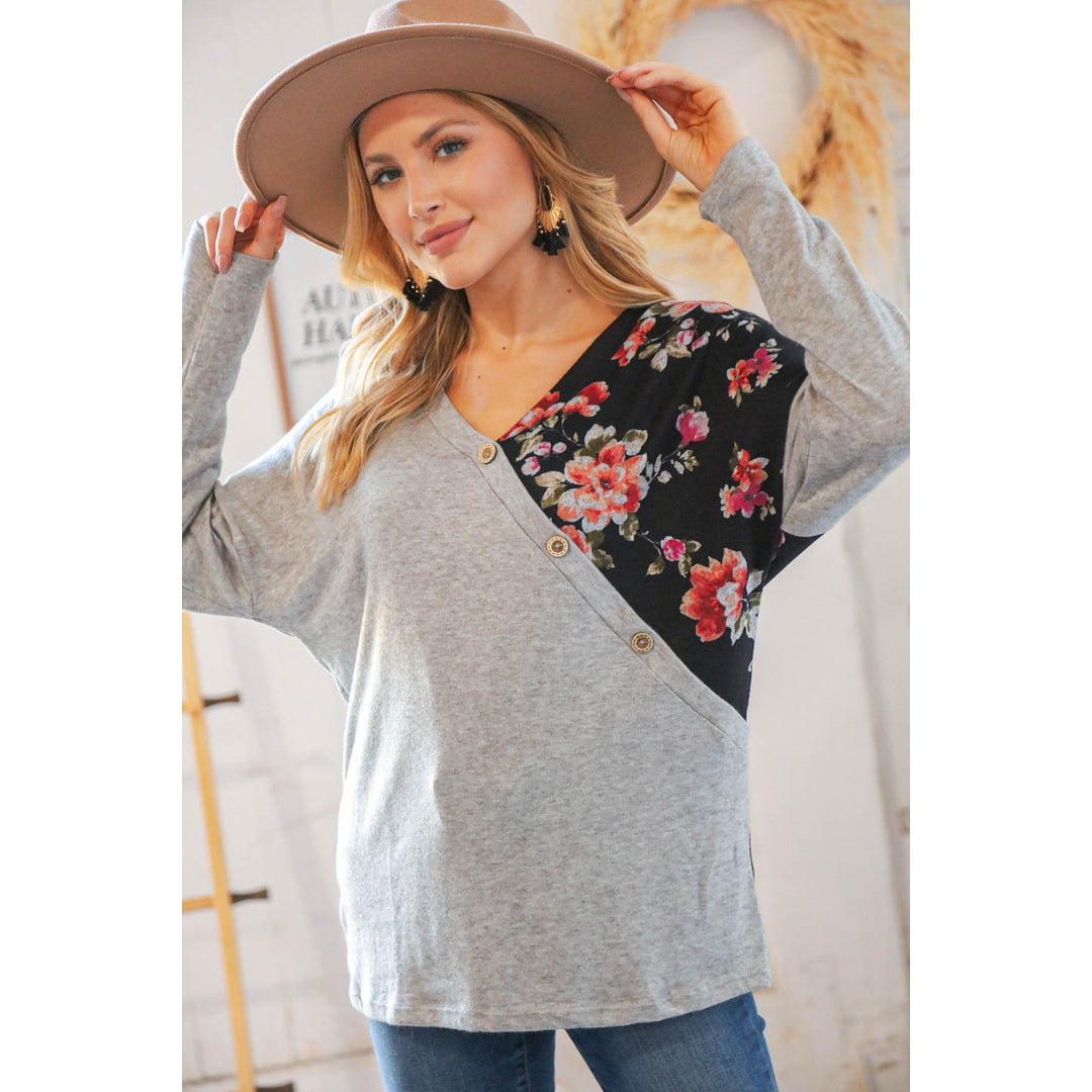 Grey & Black Floral Surplice Button Knit Top