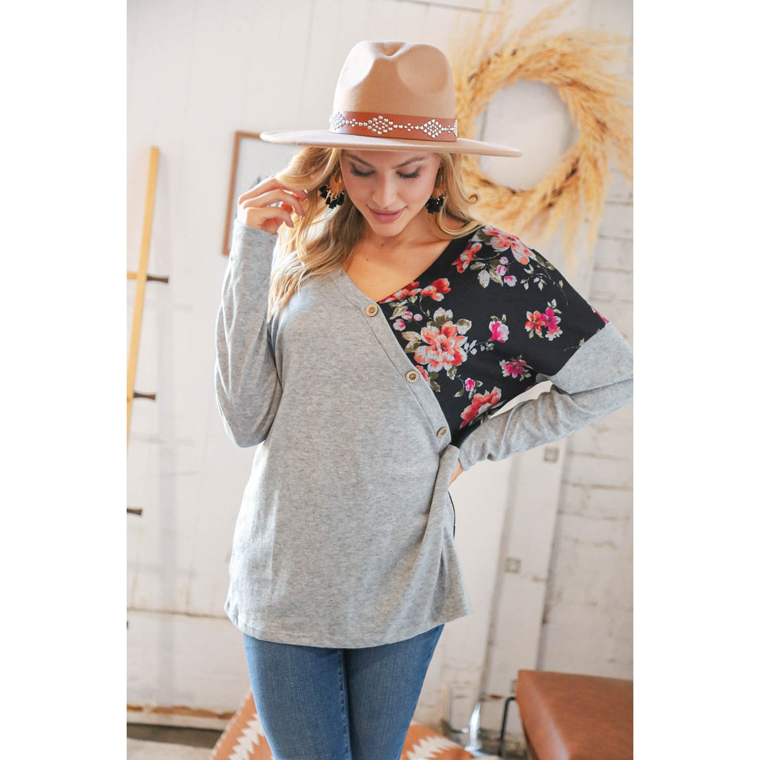 Grey & Black Floral Surplice Button Knit Top