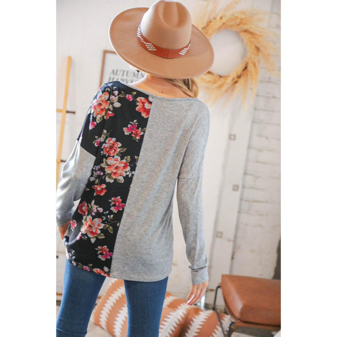 Grey & Black Floral Surplice Button Knit Top