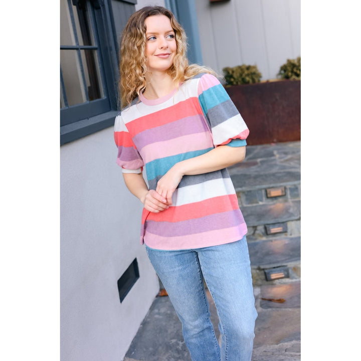 Look Out Teal & Rose Striped Hacci Knit Puff Sleeve Top