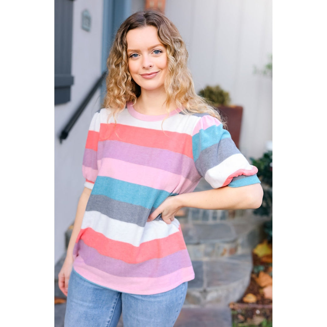 Look Out Teal & Rose Striped Hacci Knit Puff Sleeve Top