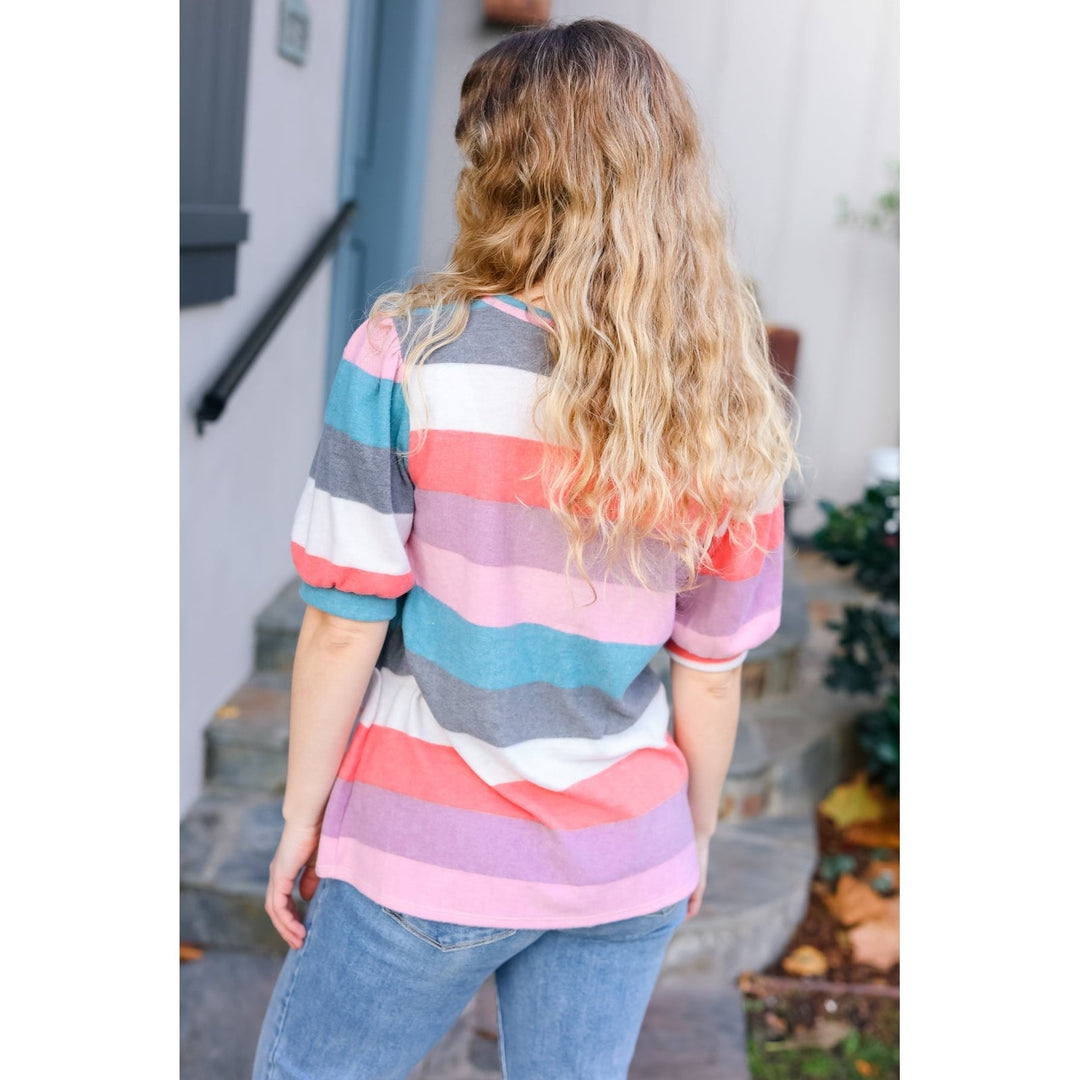 Look Out Teal & Rose Striped Hacci Knit Puff Sleeve Top