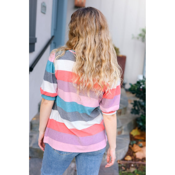 Look Out Teal & Rose Striped Hacci Knit Puff Sleeve Top