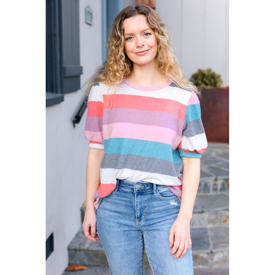 Look Out Teal & Rose Striped Hacci Knit Puff Sleeve Top