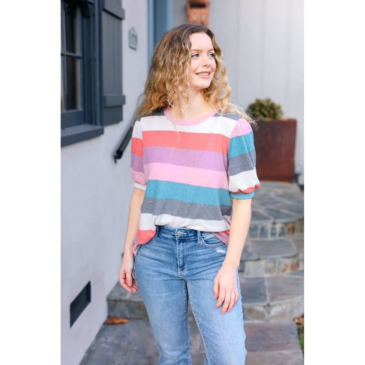 Look Out Teal & Rose Striped Hacci Knit Puff Sleeve Top