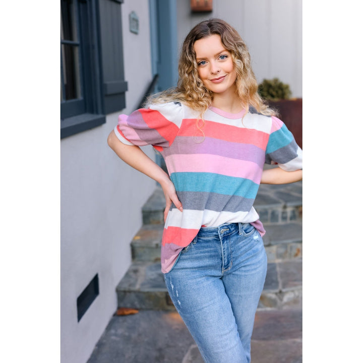 Look Out Teal & Rose Striped Hacci Knit Puff Sleeve Top