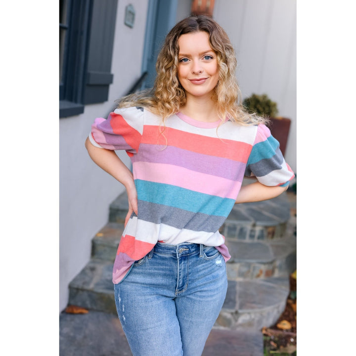 Look Out Teal & Rose Striped Hacci Knit Puff Sleeve Top