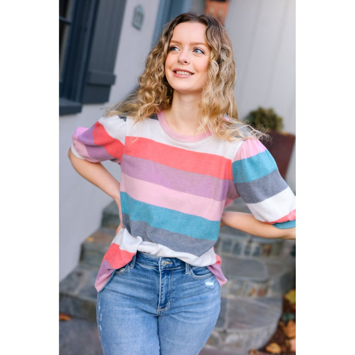 Look Out Teal & Rose Striped Hacci Knit Puff Sleeve Top