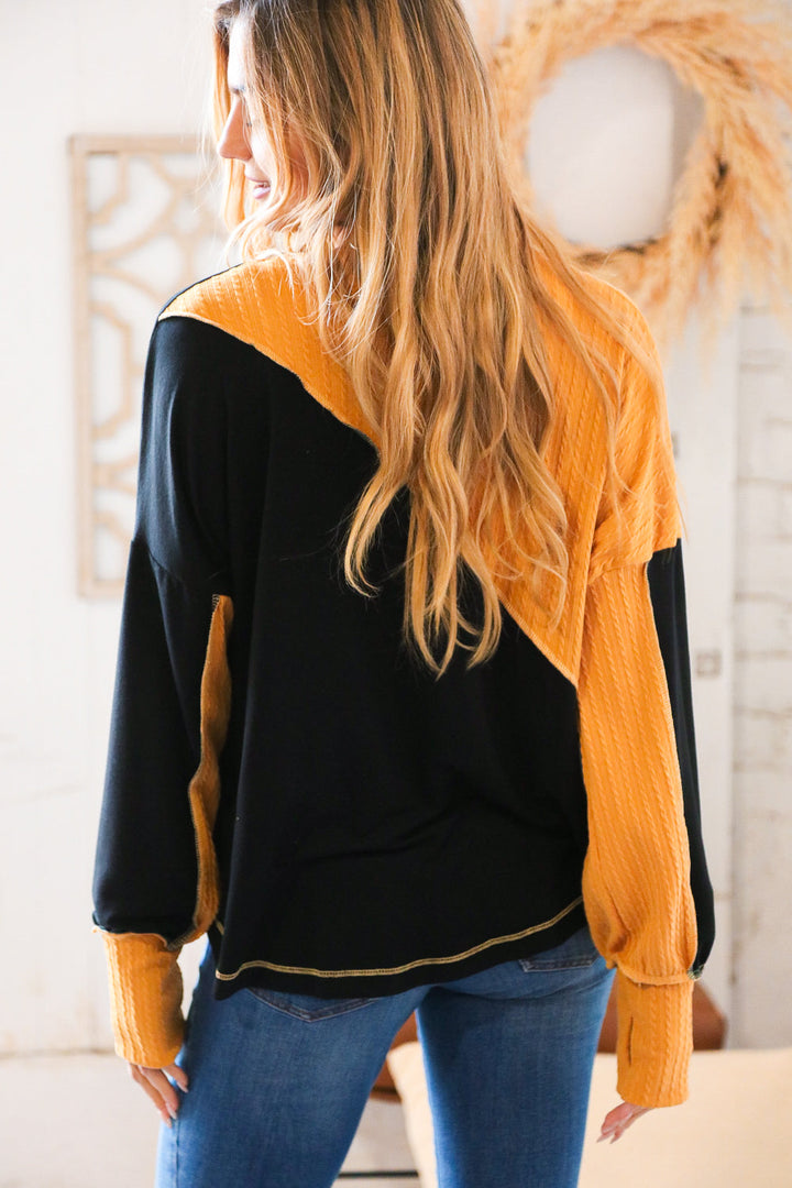 Mustard Cable Knit Outseam V Neck Thumbhole Sweater