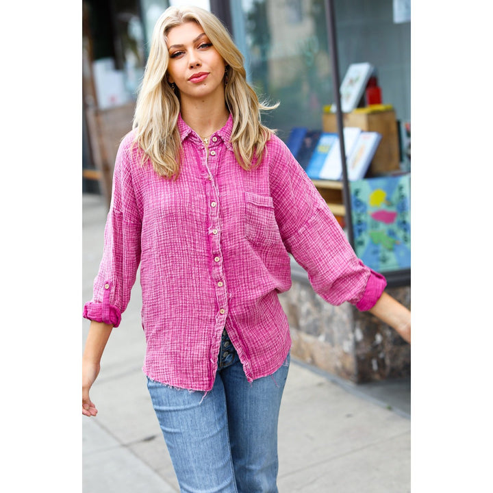 Magenta Washed Cotton Gauze Button Down Shirt