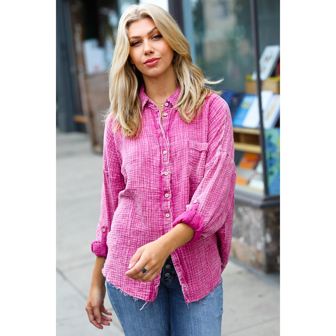 Magenta Washed Cotton Gauze Button Down Shirt