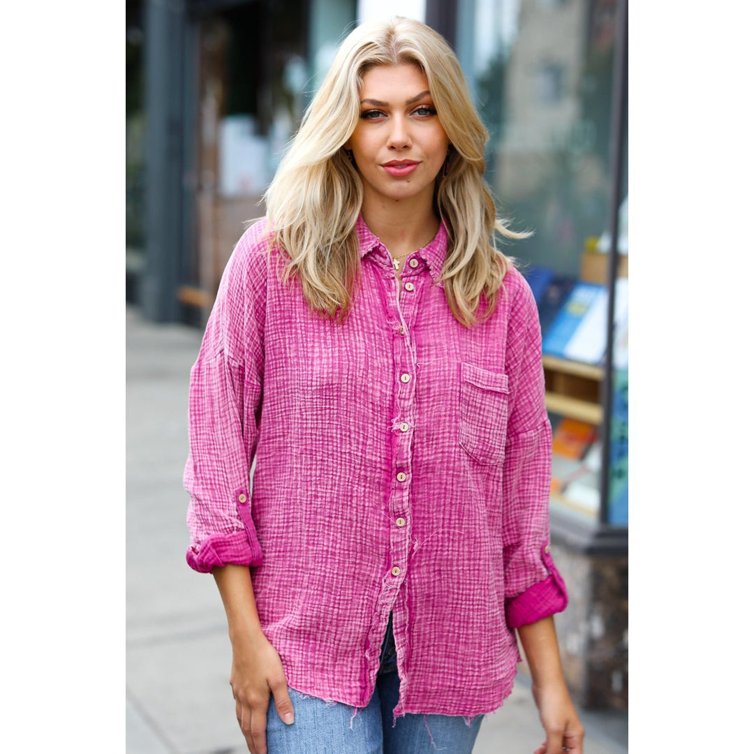 Magenta Washed Cotton Gauze Button Down Shirt