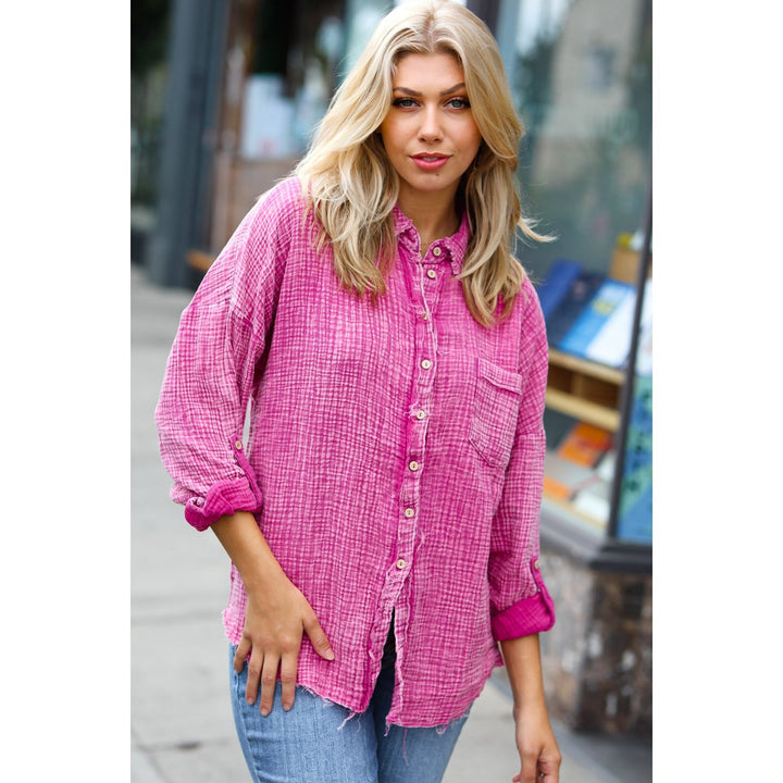 Magenta Washed Cotton Gauze Button Down Shirt