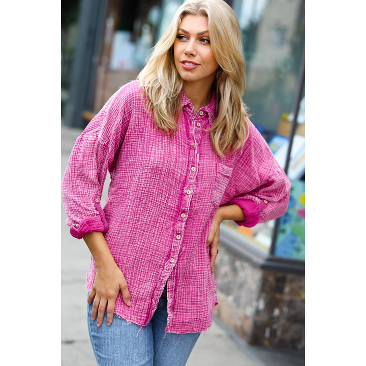 Magenta Washed Cotton Gauze Button Down Shirt