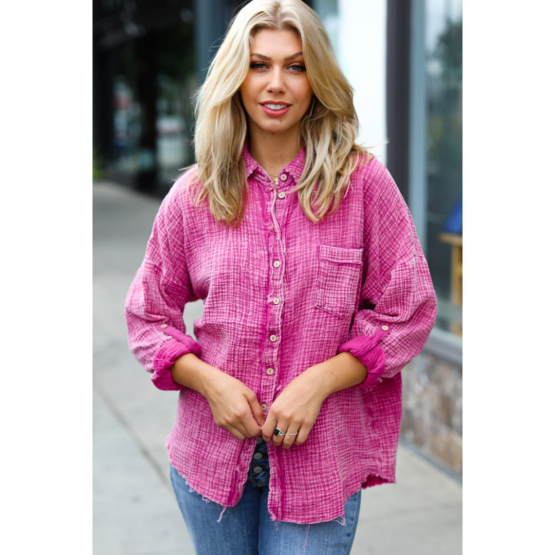 Magenta Washed Cotton Gauze Button Down Shirt