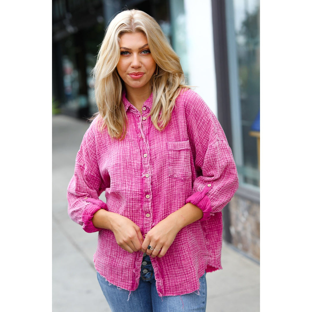 Magenta Washed Cotton Gauze Button Down Shirt