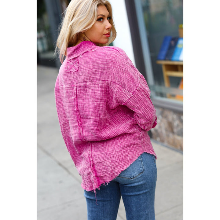 Magenta Washed Cotton Gauze Button Down Shirt