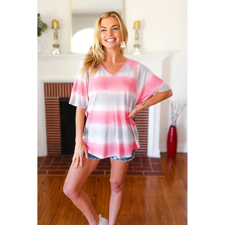 Pink & Grey Tie Dye Stripe Terry V Neck Top