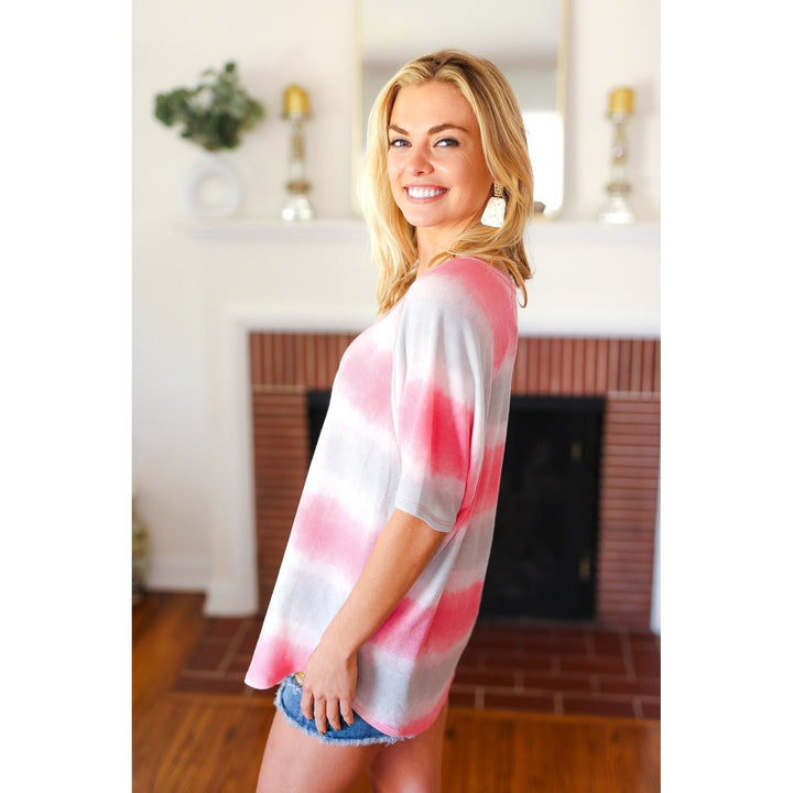 Pink & Grey Tie Dye Stripe Terry V Neck Top