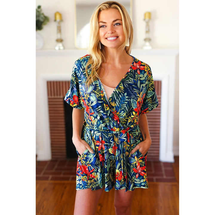 Navy Tropical Floral Surplice Romper