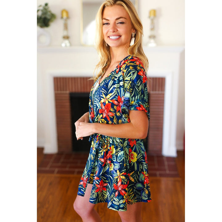 Navy Tropical Floral Surplice Romper