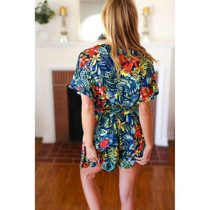 Navy Tropical Floral Surplice Romper