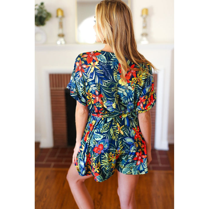 Navy Tropical Floral Surplice Romper