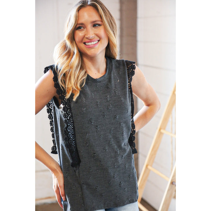 Charcoal Distressed Sleeveless Crochet Lace Top