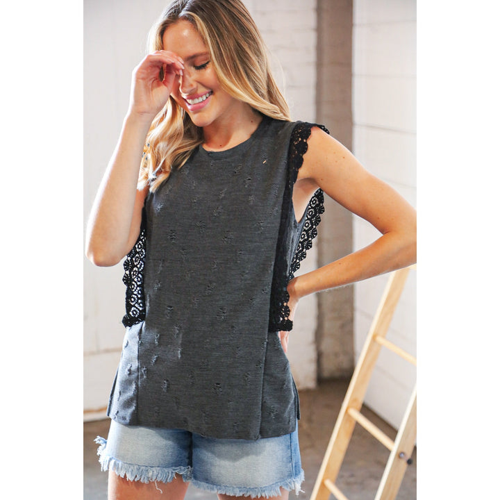 Charcoal Distressed Sleeveless Crochet Lace Top