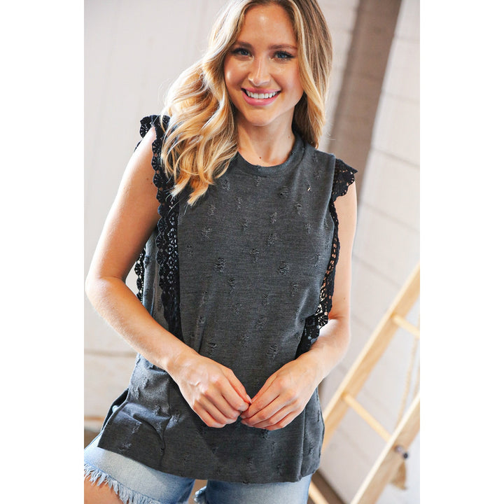 Charcoal Distressed Sleeveless Crochet Lace Top