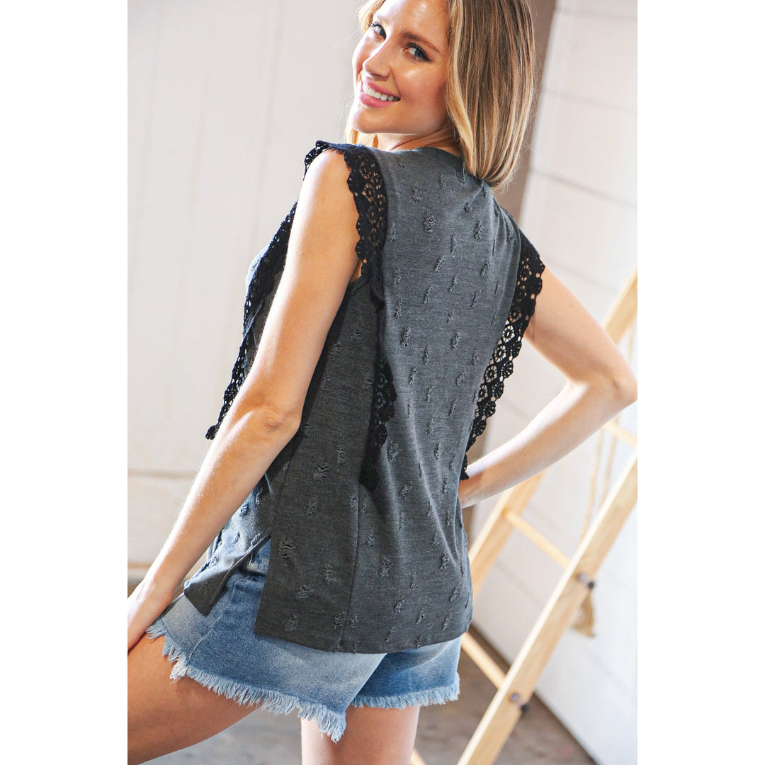 Charcoal Distressed Sleeveless Crochet Lace Top