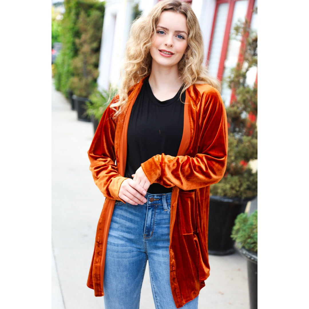 Dazzling Rust Velvet Button Down Tunic Top